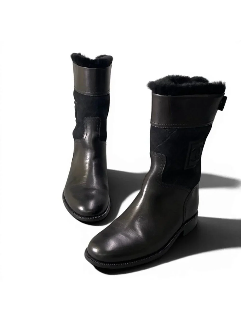 Chanel Sports Back Zip Middle Boots CC Logo Leather